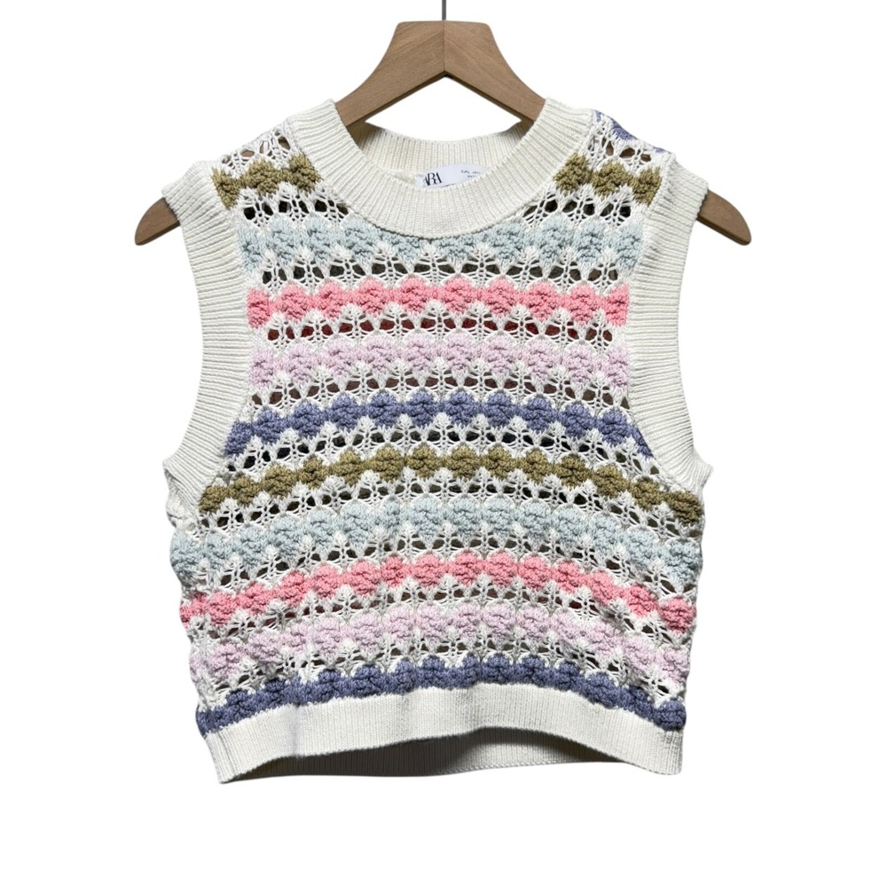 ZARA Women Open Knit Cropped Vest Top Multicolor Crochet Sz L Boho Festival